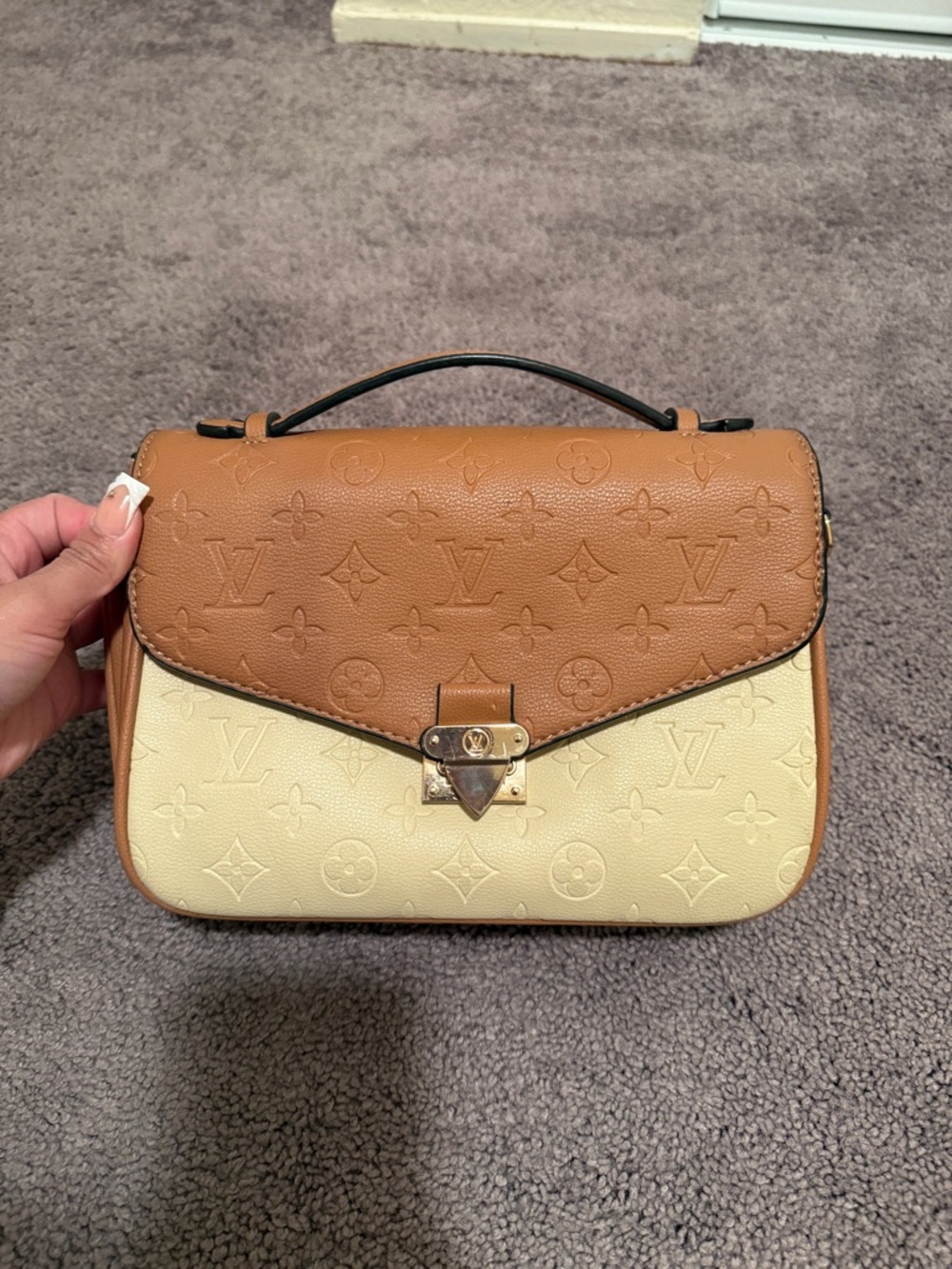 Two-Tone Tan and Cream Satchel with Top Handle